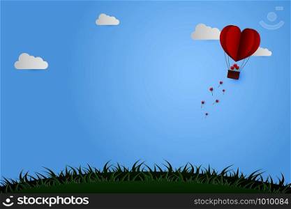 Paper Style love of valentine day , heart balloon flying sprinkle roses with heart float on the sky, couple honeymoon with copy space , vector illustration background