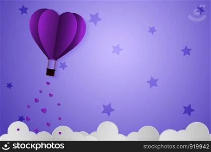 Paper Style love of valentine day violet pantone , balloon flying over cloud with heart float on the sky, couple honeymoon or gay lover , vector illustration background
