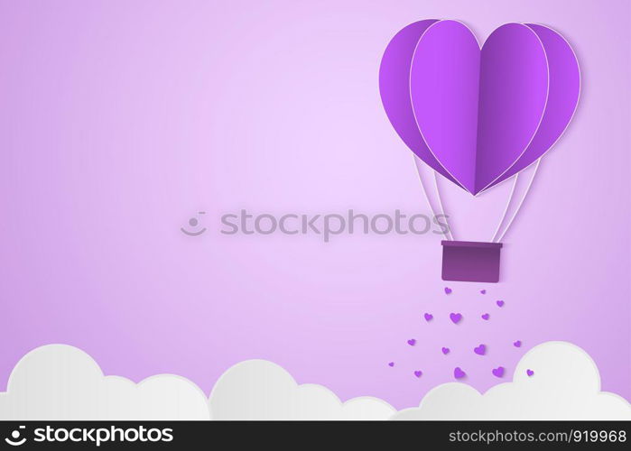 Paper Style love of valentine day violet tone , balloon flying over cloud with heart float on the sky, couple honeymoon or gay lover , vector illustration background