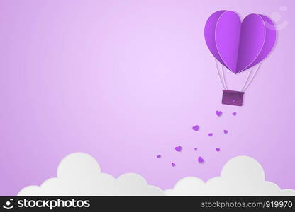 Paper Style love of valentine day violet tone , balloon flying over cloud with heart float on the sky, couple honeymoon or gay lover , vector illustration background