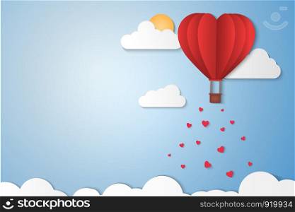 Paper Style love of valentine day with copy space , balloon flying over cloud with heart float on the sky, couple honeymoon , vector illustration background