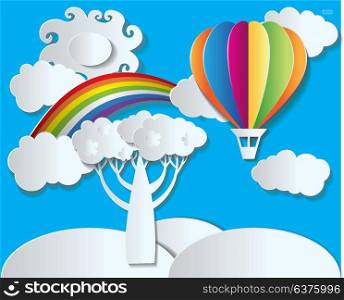 Paper style vector - landscape with rainbow and balloon. Paper colourful balloon