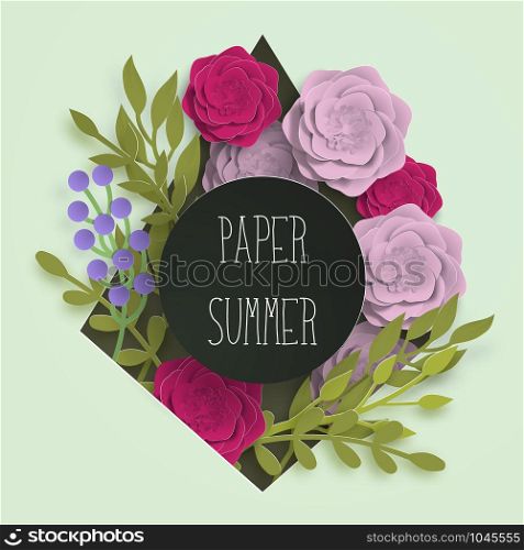 Paper summer banner template for social media advertising, invitation design or poster sale with paper art flowers and leaves background. Vector stock illustration. Paper summer banner template for advertising, invitation or poster sale with paper art flowers and leaves background. Vector stock illustration