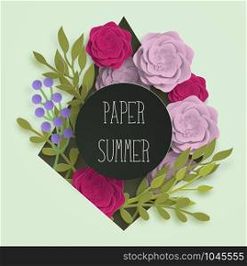 Paper summer banner template for social media advertising, invitation design or poster sale with paper art flowers and leaves background. Vector stock illustration. Paper summer banner template for advertising, invitation or poster sale with paper art flowers and leaves background. Vector stock illustration