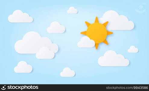 Paper sun and clouds. Summer sunny day, blue sky with white cloud. Nature cloudy scene in paper cut style. Good weather wallpaper vector art. Sun and cloudscape, cloud origami illustration. Paper sun and clouds. Summer sunny day, blue sky with white cloud. Nature cloudy scene in paper cut style. Good weather wallpaper vector art