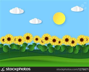 Paper sunflowers. Summer field landscape, paper cut with wild sunflower, sun and clouds, bright floral origami style vector meadow background. Paper sunflowers. Summer field landscape, paper cut with wild sunflower, sun and clouds, bright floral origami style vector background