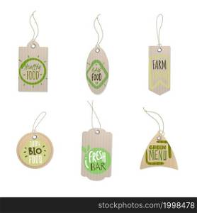 Paper tags. Food store labels with logo of healthy farm products. Realistic cardboard shop badges hanging on rope. Fresh organic vegetarian raw meal. Green bio bar menu. Vector isolated marks set. Paper tags. Food store labels with logo of healthy farm products. Realistic cardboard badges hanging on rope. Fresh organic vegetarian meal. Green bio bar menu. Vector isolated marks set