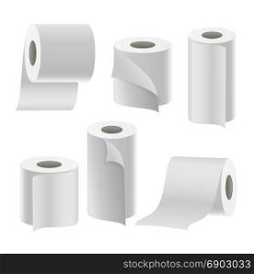 Paper Tape Roll Set Vector. Bathroom Hygiene. 3D Toilet Paper Blank. Packaging Kitchen Towel, Toilet Paper Roll Isolated Illustration. Realistic Paper Roll Set Vector. Template Blank White Toilet Paper roll Mock Up. Thermal Fax Roll Template Isolated Illustration