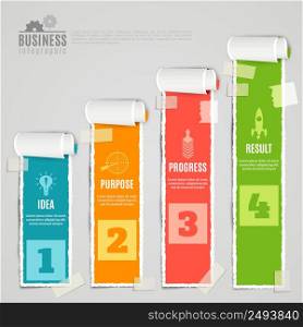 Paper taped staged idea purpose progress result color infographic set realistic 3d vector illustration. Paper Stage Infographic Set