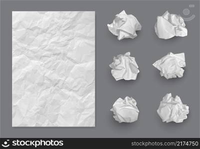 Paper texture. Crumpled balls and realistic writing piece of damaged paper decent vector template. Illustration ball paper wrinkled, garbage scrunch. Paper texture. Crumpled balls and realistic writing piece of damaged paper decent vector template