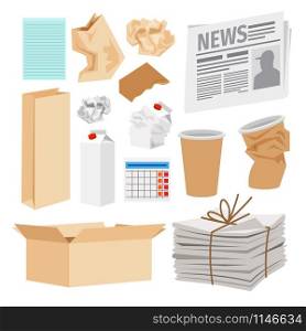 Paper trash icons collection. Vector icons of carton boxes, paper cups, stack of newspapers, milk packages. Paper trash icons collection