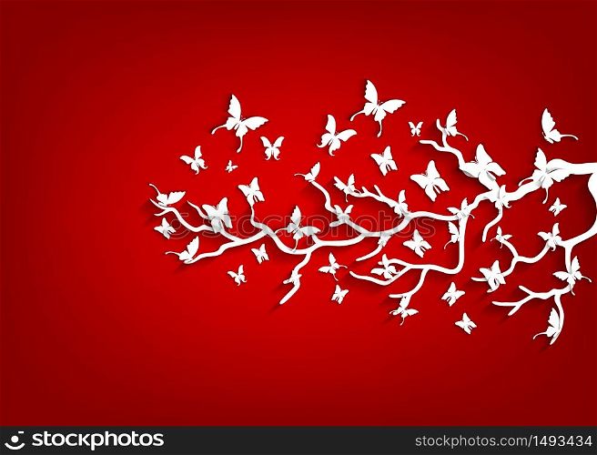Paper tree and butterflies on red background.Vector