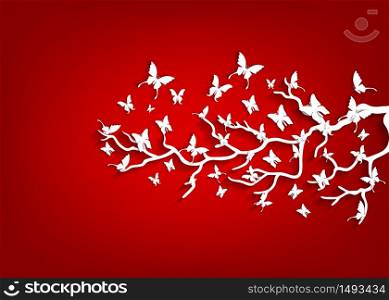 Paper tree and butterflies on red background.Vector