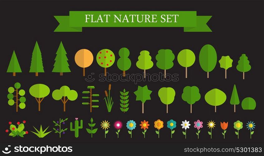 Paper Trendy Flat Trees and Flowers Set Vector Illustration EPS10. Paper Trendy Flat Trees and Flowers Set Vector Illustration