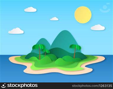 Paper tropic island. Sea tropical scenery origami style, beach and palm trees, sun and clouds. Paper cut colorful poster, summer vector holiday concept. Paper tropic island. Sea tropical scenery origami style, beach and palm trees, sun and clouds. Paper cut colorful poster, summer vector concept