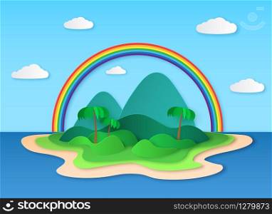 Paper tropic island. Sea tropical scenery with rainbow, beach and palm trees, sun and clouds in origami style. Summer relaxing landscape vector concept. Paper tropic island. Sea tropical scenery with rainbow, beach and palm trees, sun and clouds in origami style. Summer landscape vector concept