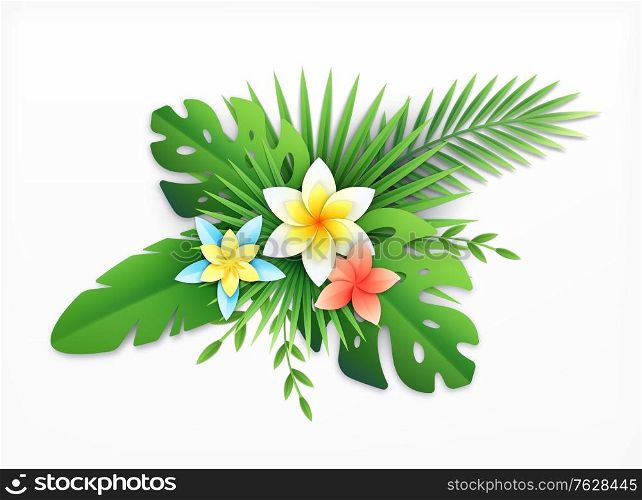 Paper tropical leaves flowers composition with paper crafted exotic blossom with colourful plants on blank background vector illustration