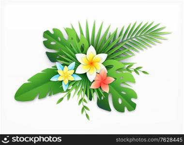 Paper tropical leaves flowers composition with paper crafted exotic blossom with colourful plants on blank background vector illustration