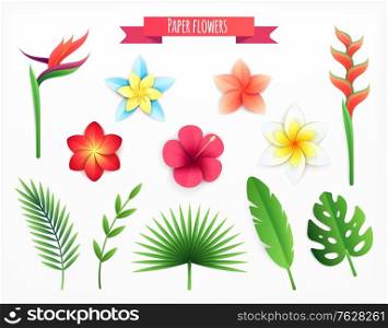 Paper tropical leaves flowers set with isolated icons and decorative images of blossoms on blank background vector illustration