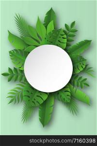 Paper tropical leaves. Papercut summer beach exotic pulm decoration vector palm leaf in cut round banner. Paper tropical leaves. Papercut summer beach exotic pulm decoration vector round banner