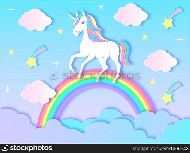 Paper unicorn, clouds,rainbow and stars on violet gradient background.Vector illustration.
