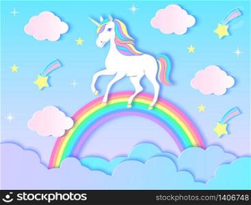 Paper unicorn, clouds,rainbow and stars on violet gradient background.Vector illustration.