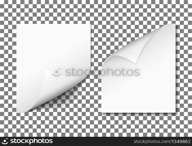 Paper urled page corner. Blank sheet paper with fold. White sticker with shadow isolated on transparent background. Blank document, note or book for magazines, banners. Realistic paper flip. Vector.. Paper urled page corner. Blank sheet paper with fold. White sticker with shadow isolated on transparent background. Blank document, note or book for magazines, banners. Realistic paper flip. Vector