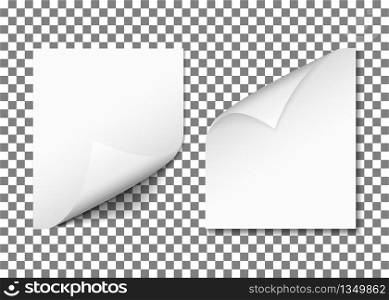 Paper urled page corner. Blank sheet paper with fold. White sticker with shadow isolated on transparent background. Blank document, note or book for magazines, banners. Realistic paper flip. Vector.. Paper urled page corner. Blank sheet paper with fold. White sticker with shadow isolated on transparent background. Blank document, note or book for magazines, banners. Realistic paper flip. Vector