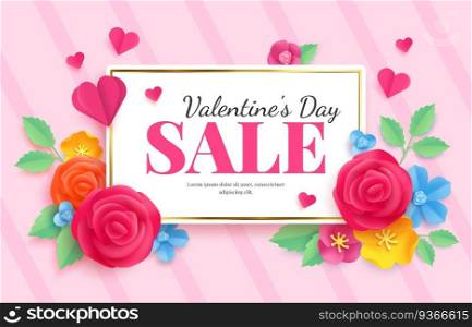 Paper valentines sale. Love celebration voucher banner with flovers and heart. Discount market vector advertising in origami. advertising, Shopping romance, february day promotion banner illustration. Paper art valentines sale. Love celebration voucher banner with flovers and heart shape. Discount market vector advertising in origami style