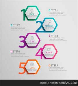 Paper vertical infographic template with 5 hexagon options for presentation and data visualization.Business process chart.Diagram with five steps to success.For content,flowchart,workflow.Vector. Paper infographic vertical template with 5 hexagon options.