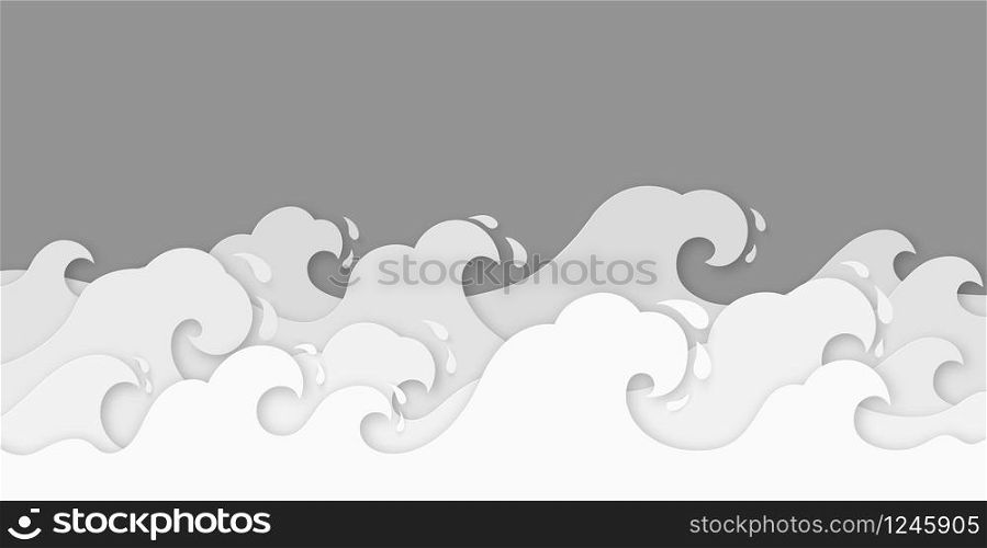Paper waves. Water wave paper cut decor, beauty marine landscape. Curly ocean, sea waves in origami style wallpaper, vector pattern cutting frame background. Paper waves. Water wave paper cut decor, beauty marine landscape. Curly ocean, sea waves in origami style wallpaper, vector background