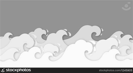 Paper waves. Water wave paper cut decor, beauty marine landscape. Curly ocean, sea waves in origami style wallpaper, vector pattern cutting frame background. Paper waves. Water wave paper cut decor, beauty marine landscape. Curly ocean, sea waves in origami style wallpaper, vector background