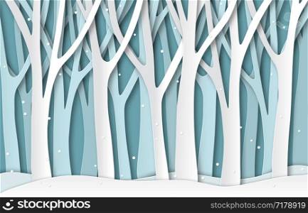 Paper winter forest. White frozen trees silhouettes, christmas season natural paper cut landscape. 3d origami vector invitation abstract frosted wallpaper nature art card. Paper winter forest. White frozen trees silhouettes, christmas season natural paper cut landscape. 3d origami vector invitation card