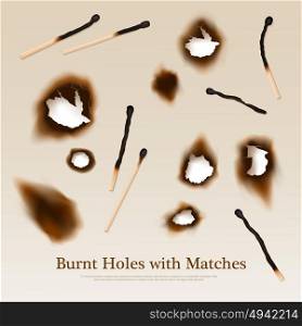 Paper With Burnt Holes And Matches. Paper with set of burnt holes and matches abstract vintage background in realistic style vector illustration