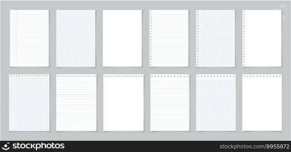 Paper with line and grid. Page of school notebook. White sheet for note. Notepad with texture. Template of notepaper isolated on gray background. Blank letter of diary for homework, write. Vector.. Paper with line and grid. Page of school notebook. White sheet for note. Notepad with texture. Template of notepaper isolated on gray background. Blank letter of diary for homework, write. Vector