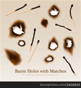 Paper with set of burnt holes and matches abstract vintage background in realistic style vector illustration . Paper With Burnt Holes And Matches