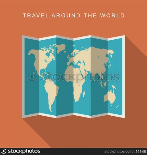 Paper world map with long shadow. Flat illustration of map.. Paper world map flat icon