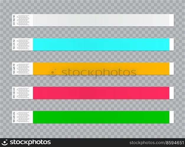 Paper wristband bracelet mockup, wrist band entrance pass to festival event. VP party or concert entrance vector wristband or bracelet ticket with colors for hotel pass and access admission. Paper wristband bracelet mockup, wrist band pass