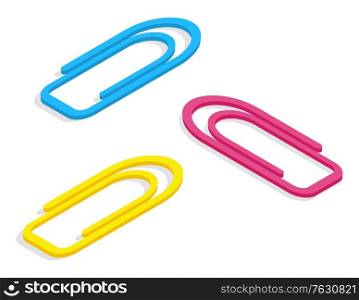 Paperclip is used to hold sheets of paper together and have looped shape. Clips in flat style covered in color plastic and isolated on white. Back to school concept. Flat cartoon isometric 3d. Three Metal Paper Clips of Different Colors Vector