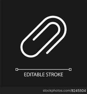 Paperclip pixel perfect white linear ui icon for dark theme. Stationery supply. Office accessory. Vector line pictogram. Isolated user interface symbol for night mode. Editable stroke. Arial font used. Paperclip pixel perfect white linear ui icon for dark theme