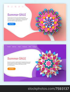 Papercut 3d flower, summer discount and spring sale vector, flowers and blossom brochure with information about clearance, sales and special offers from shops. Website or landing page flat style. Summer and Spring Sale and Discounts Websites