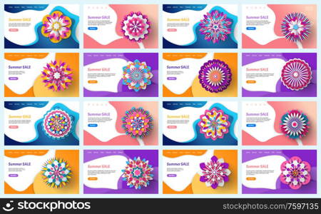 Papercut 3d flower, summer discount and spring sale vector, flowers and blossom brochure with information about clearance, sales and special offers from shops. Website or landing page flat style. Summer and Spring Sale and Discounts Websites