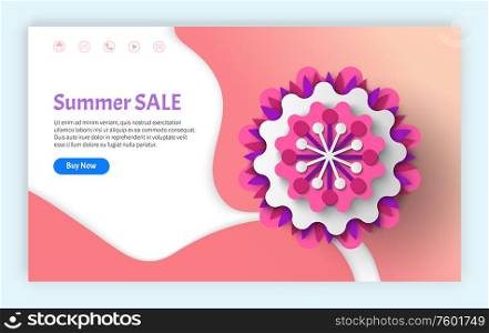 Papercut 3d flower, summer discount and spring sale vector, flowers and blossom brochure with information about clearance, sales and special offers from shops. Website or landing page flat style. Summer and Spring Sale and Discounts Websites