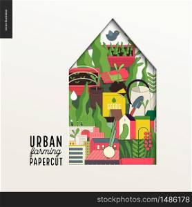 Papercut - colorful layered house on Urban farming, gardening and agriculture. Papercut - colorful layered house on Urban farming