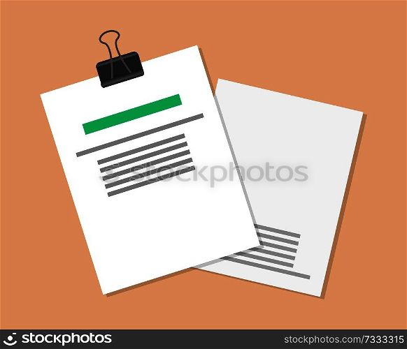 Papers and documents set, documents with holder, highlighted headline and text sample on paper, vector illustration, isolated on brown background. Papers and Documents Set, Vector Illustration