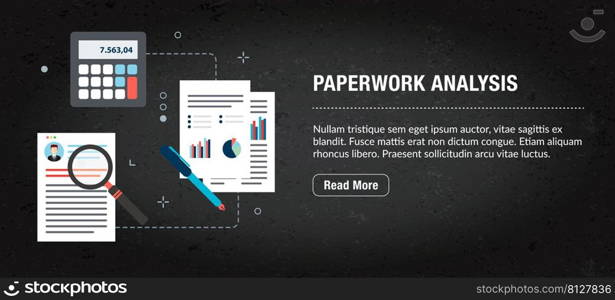 Paperwork analysis concept. Internet banner with icons in vector. Web banner for business, finance, strategy, investment, technology and planning.