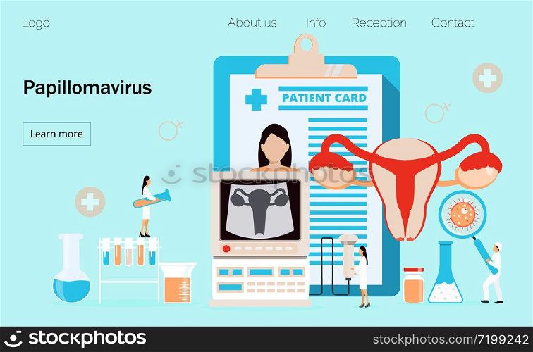 Papillomavirus concept vector for homepage of medical website. HPV is reason of cervical cancer. Tiny doctors treat human papilloma virus.. Papillomavirus concept vector for homepage of medical website. HPV is reason of cervical cancer. Tiny doctors treat papilloma virus.