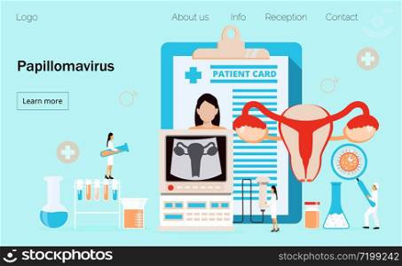 Papillomavirus concept vector for homepage of medical website. HPV is reason of cervical cancer. Tiny doctors treat human papilloma virus.. Papillomavirus concept vector for homepage of medical website. HPV is reason of cervical cancer. Tiny doctors treat papilloma virus.