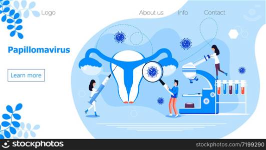 Papillomavirus concept vector for homepage of medical website. HPV is reason of cervical cancer. Tiny doctors treat human papilloma virus.. Papillomavirus concept vector for homepage of medical website. HPV is reason of cervical cancer. Tiny doctors treat papilloma viru