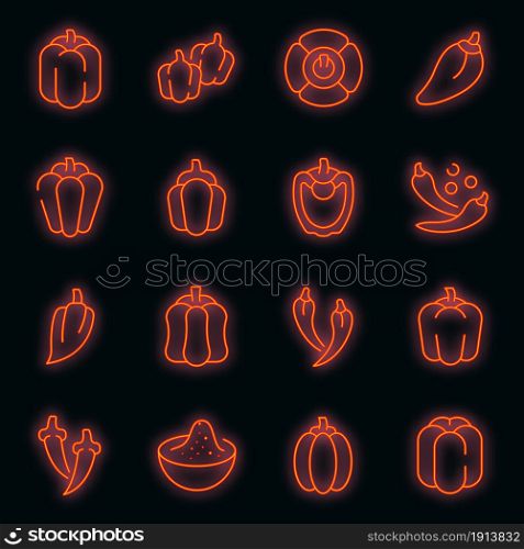 Paprica icons set. Outline set of paprica vector icons neon color on black. Paprica icons set vector neon